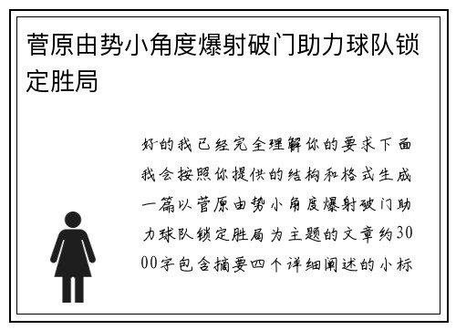 菅原由势小角度爆射破门助力球队锁定胜局