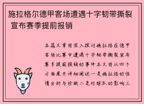 施拉格尔德甲客场遭遇十字韧带撕裂 宣布赛季提前报销